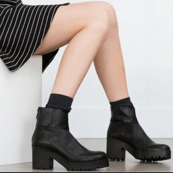 Zara Black Leather Platform Heeleed Rubber Sole Ankle Boot women's 41 (US 10.5) - Picture 1 of 10
